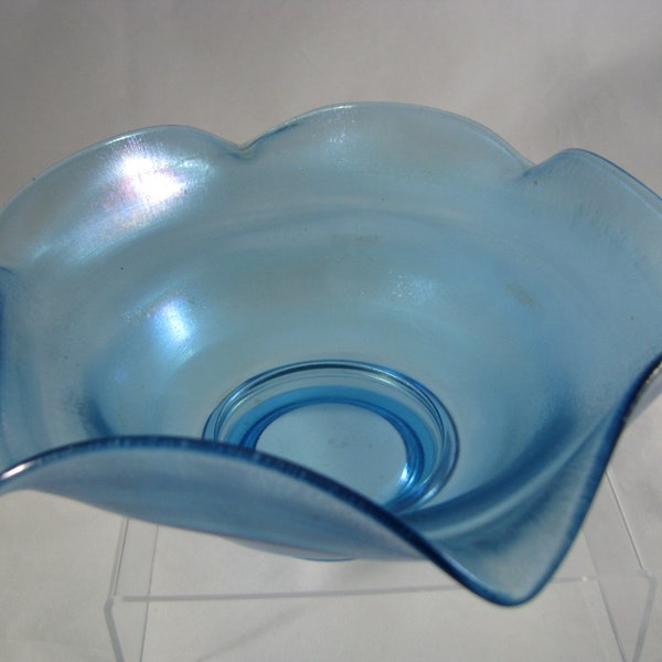 STRETCH Glass Vineland Flint glass works Flared crimped bowl TUT Blue Ca 1920's 8 1/2" wide 3 1/2" T  2 3/4"  base