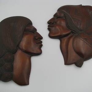 Pair Hand carved Bolivian Wood wall Plaques Mid century Indian 11&quot; X 8&quot; Excellent condition mid century Décor
