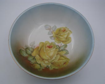 Vintage large Yellow Roses Fruit bowl from Germany 10" wide 3" deep Marked and in Wonderful condition, no damage. Powder blue background