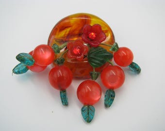 Rare Brooch signed Lilyashly  Original Bake lite Berries and floral glass & Rhinestones 3" wide x 2 1/2" Excellent condition Lily Ashley