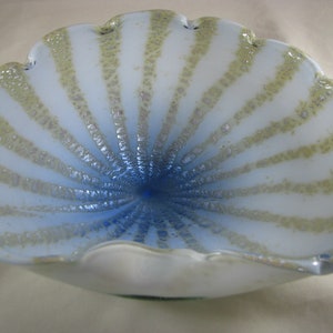 Murano Bowl by Ermanno Toso 1950&#39;s 60&#39;s 10X 8 1/4&quot; Ocean blue in center fading to Baby blue  Gold stripes with silver mica flakes MCM