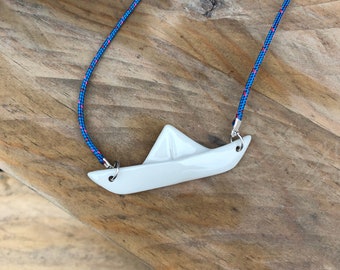 origami boat necklace made of porcelain, handmade, maritime necklace on a cotton cord in blue, rose and gray or on a polyester line