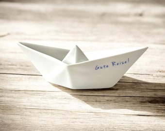 Afscheidscadeau - schip op porselein met de inscriptie "Goede reis"