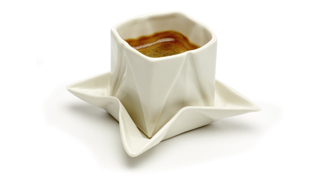 Origami Espresso Cup Made of Porcelain Including Saucer, With Folds and