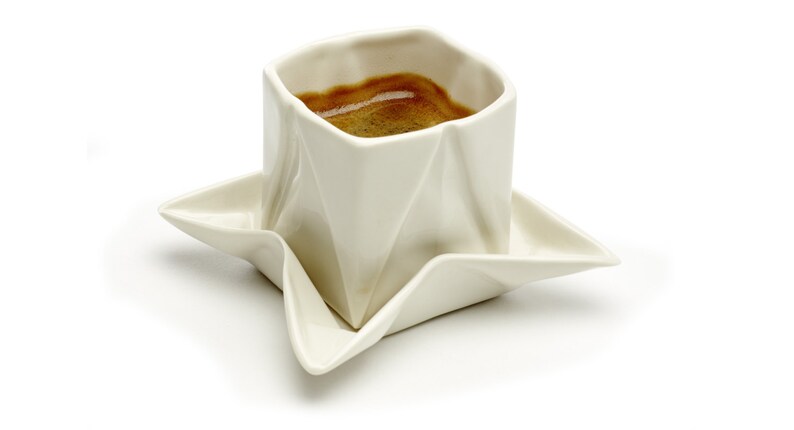 Origami espresso cup made of porcelain including saucer, with folds and kinks like folded paper image 1