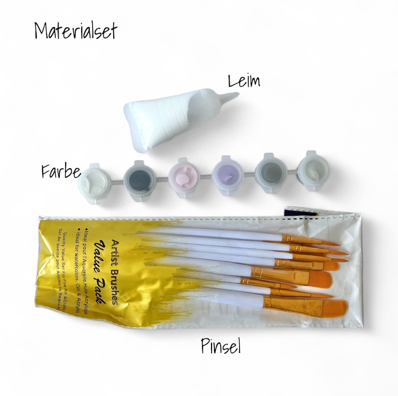 May include: A paint by numbers kit with a set of paintbrushes, paint pots, and glue. The kit is labeled "Artist Brushes Value Pack" and includes instructions for using acrylics, oils, and watercolors.