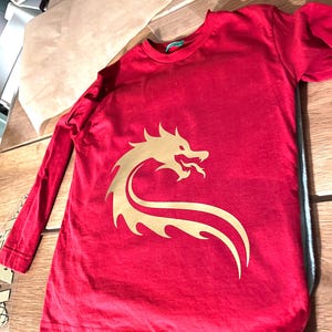 May include: Red long-sleeved t-shirt with a gold dragon design.