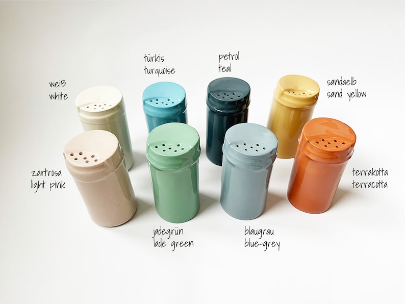 Saltshaker 'Soltdöös' handmade of porcelain, coloured spice container to refill matching our 'Tütei' egg cups image 2