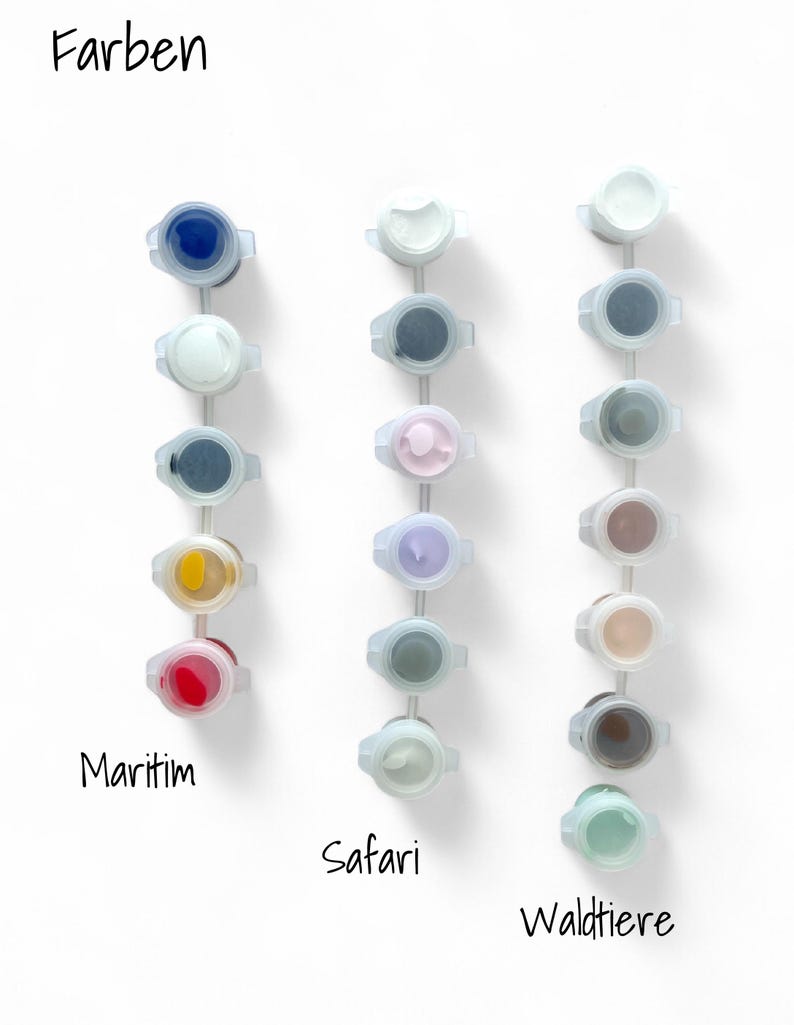 May include: A set of paint pots with different colors, labeled "Farben", "Maritim", "Safari", and "Waldtiere".