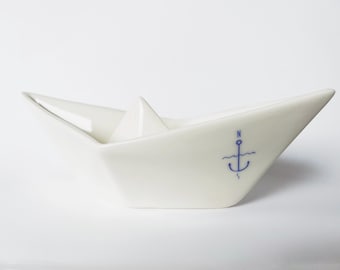 Porseleinen boot als maritieme decoratie, met blauwdruk anker, thuishaven, lievelingspersoon, bedankt, lieverd uit Hamburg