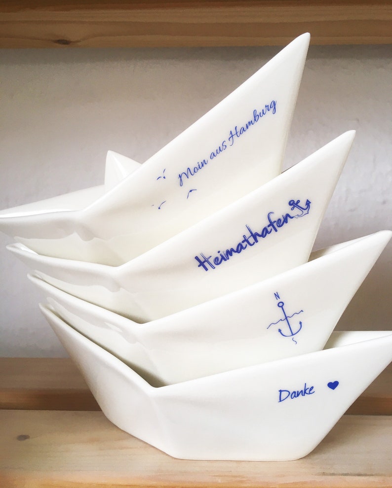 Bootjen Origami boat bowl in Paper Boat Design and two different sizes, maritim decoration, white porcelain jewelry dish image 9