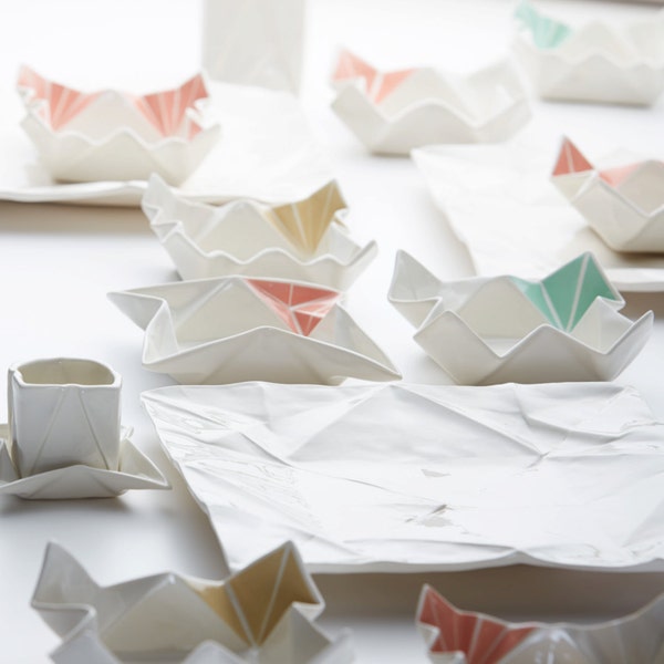 Porcelain Origami snack bowl, handmade bowl for snacks, sushi and hodgepodge with the look of folded paper
