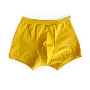 May include: Mustard yellow boxer briefs. The underwear is made of a soft material and features a comfortable waistband. The briefs are designed with a classic boxer brief cut and are suitable for everyday wear.