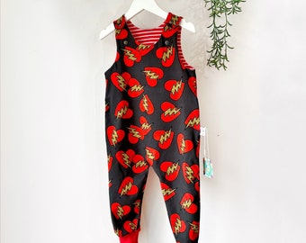 Valentines Love Heart Organic Dungarees | Kids Unisex Romper | Baby Dungarees