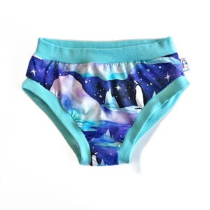 Puede incluir: Bóxer azul aguamarina con estampado de acuarela de pingüinos e icebergs sobre un fondo azul oscuro con estrellas blancas.