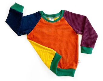 Colour Block Corduroy Kids Top | Unisex Raglan Sweater