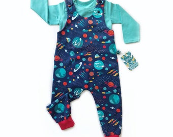 Space Organic Dungarees | Kids Unisex Romper | Baby Dungarees