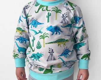 Top per bambini in cotone biologico dinosauro / maglione raglan unisex