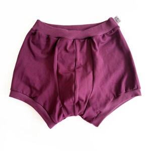 May include: Plum-colored underwear with a comfortable, relaxed fit. The garment features a wide waistband and a classic boxer brief design. The fabric appears to be soft and breathable, suitable for everyday wear.