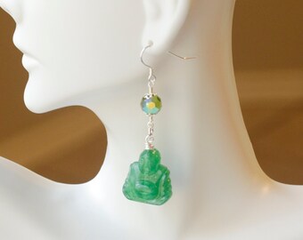 Green Buddha Earrings, Earrings for Women, Silver Jewelry