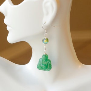 Green Buddha Earrings, Earrings for Women, Silver Jewelry