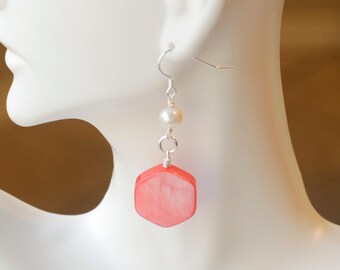 Mother of Pearl Hexagon Earrings, Coral Color, Silver Jewelry