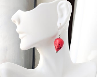 Red Skull Earrings, Silver Earrings