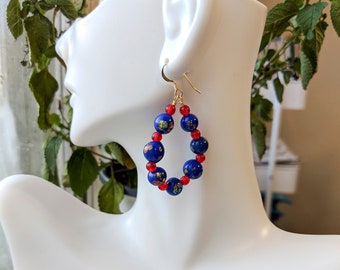 Teardrop Shaped Earrings with Vintage Dark Blue Millefiori Glass Beads and Vintage Red Czech Beads, Earrings for Women, Gold Jewelry