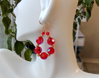 Teardrop Shaped Earrings with Faceted Ruby Red Czech Glass Beads and Gold Filigree Beads, Earrings for Women, Gold Jewelry