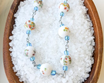 Wire Wrapped Bracelet with Vintage Japanese Millefiori Glass Beads, Blue Accents, Bracelets for Women