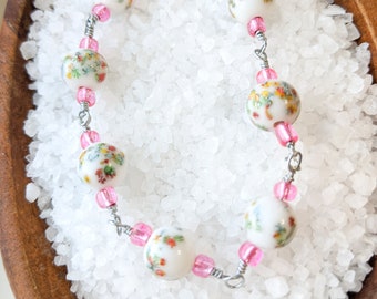Wire Wrapped Bracelet with Vintage Japanese Millefiori Glass Beads, Pink Accents, Bracelets for Women