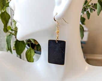 Black Rectangle Earrings, Chalkboard Earrings, Gold Jewelry, Black Jewelry, Earrings for Women