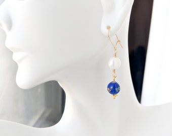 Pearl and Cobalt Blue Gold Earrings