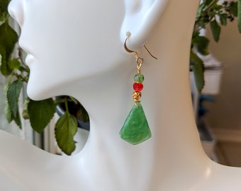 Drop Earrings with Vintage Jade Green Pressed Glass Pendants and Round Gold and Glass Accent Beads, Earrings for Women, Gold Jewelry
