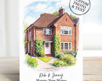 Custom House Portrait New Home Card Him Her - Unique Personalised Housewarming Cards Gift
