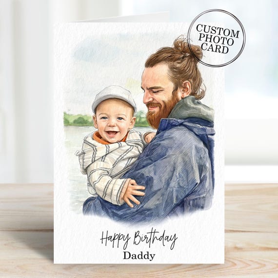 Custom Dad Portrait Photo Gifts, Personalised Daddy Birthday Card From Daughter, Son, Dog, Cat