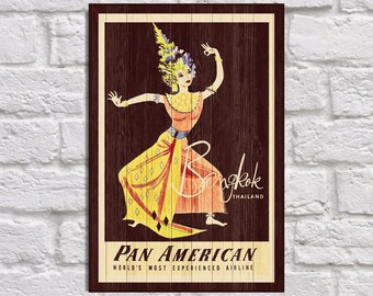 Bangkok Vintage Travel Poster Wood wall art Travel Gift for Men gift for Boyfriend gift for Girlfriend gift for him Panel effect Wood Print