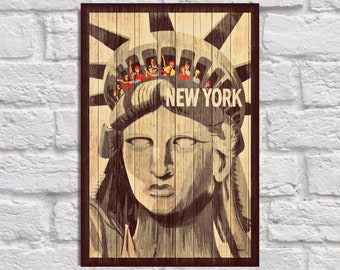 New York Travel Poster Vintage Wood Rustic home decor New York print Housewarming gifts for Women gift for Boyfriend Panel effect Wood Print