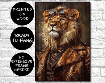 Lion Wall Art, Steampunk Decor Wood Wall Art, Giraffe Digital Art, Jungle Animals Ai Art Print, Dark Academia Decor, Wooden Gothic Decor