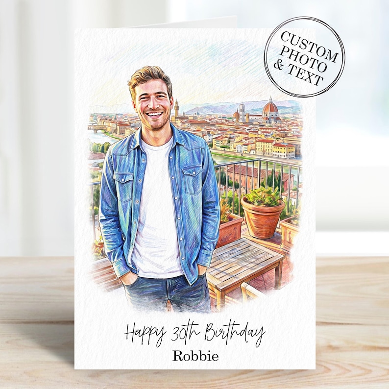 Looking for a special birthday card? Our custom portrait card is perfect for him or her! Personalize this unique gift for men, husband, brother, or dad. It's also a thoughtful choice for mum, wife, friend, or sister. Surprise your loved one with a one-of-a-kind card!