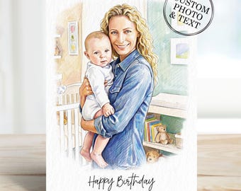 Custom Mum Portrait Photo Gifts, Personalised Happy Mummy Birthday Card From Daughter, Son, Pet