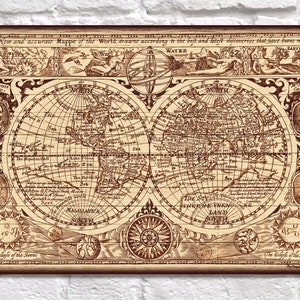 World map gift for men Wood wall art Wife gift for Husband Antique map Brother gift birthday gift for Boyfriend Panel effect wood print