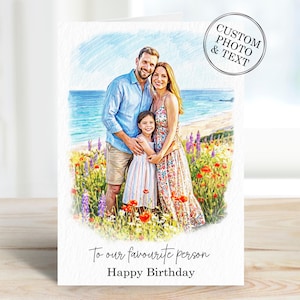 Celebrate their special day with our Custom Birthday Card for Him or Her! Personalised with a unique portrait, this card makes a heartfelt gift for anyone—be it your husband, wife, mum, dad, daughter, sister, grandparents, or son. Each card is carefully crafted to capture their essence, ensuring a memorable touch to their birthday celebrations. Show your loved ones just how special they are with a truly one-of-a-kind keepsake they'll cherish forever! Perfect for any occasion.