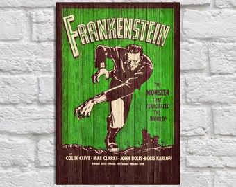 Halloween Movie poster Wood wall art Frankenstein Movie print Gift for Boyfriend Gift for Men gift for Husband gift panel effect wood decor