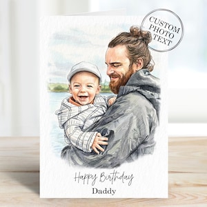 Custom Dad Portrait Photo Gifts, Personalised Daddy Birthday Card From Daughter, Son, Dog, Cat