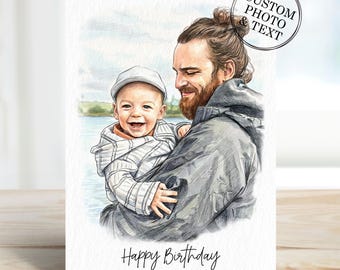 Custom Dad Portrait Photo Gifts, Personalised Daddy Birthday Card From Daughter, Son, Dog, Cat