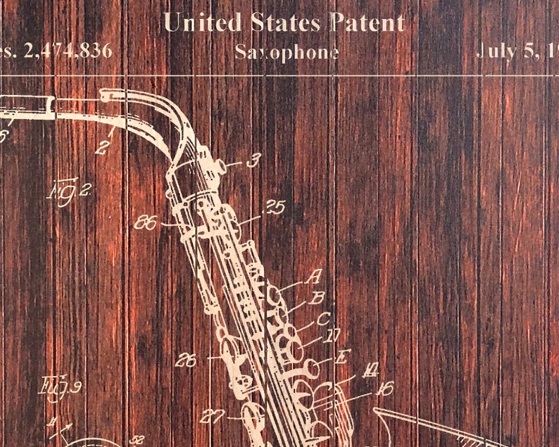 Saxophone Gift Wood Wall Decor Saxophone Poster Patent Art Etsy