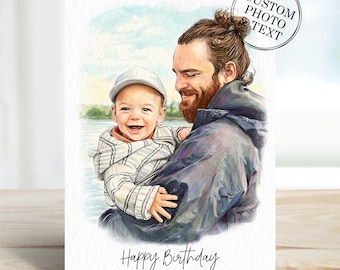 Custom Dad Portrait Photo Gifts, Personalised Daddy Birthday Card From Daughter, Son, Dog, Cat