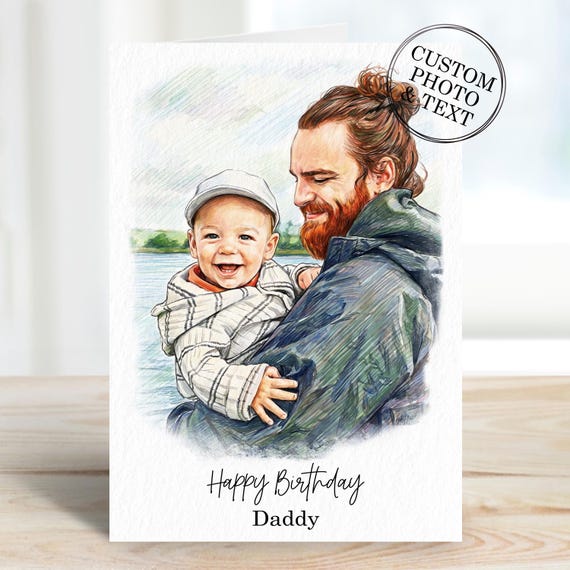 Custom Dad Portrait Photo Gifts, Personalised Daddy Birthday Card From Daughter, Son, Dog, Cat