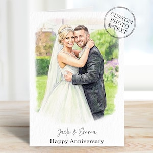 Celebrate your love with a one-of-a-kind Custom Portrait Anniversary Card for him or her. The best personalized card gift for couples, husbands, wives, and parents. Make your anniversary truly special with these unique cards that capture your precious memories beautifully.
